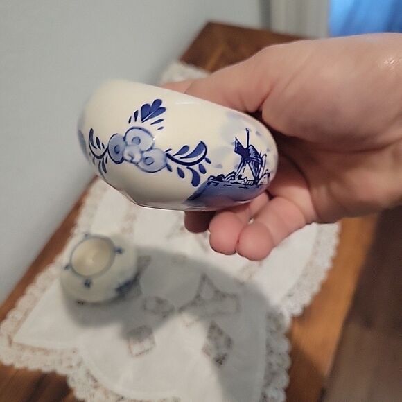 Pair Vtg Dutch Delft Blue Floral Tealight Candle Holders Holland Heart & Round - Picture 7 of 16